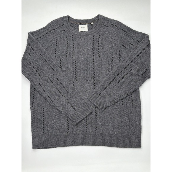 Billy Reid Mens Grey Wool Blend Cable Knit Open Stitch Crewneck Sweater Large